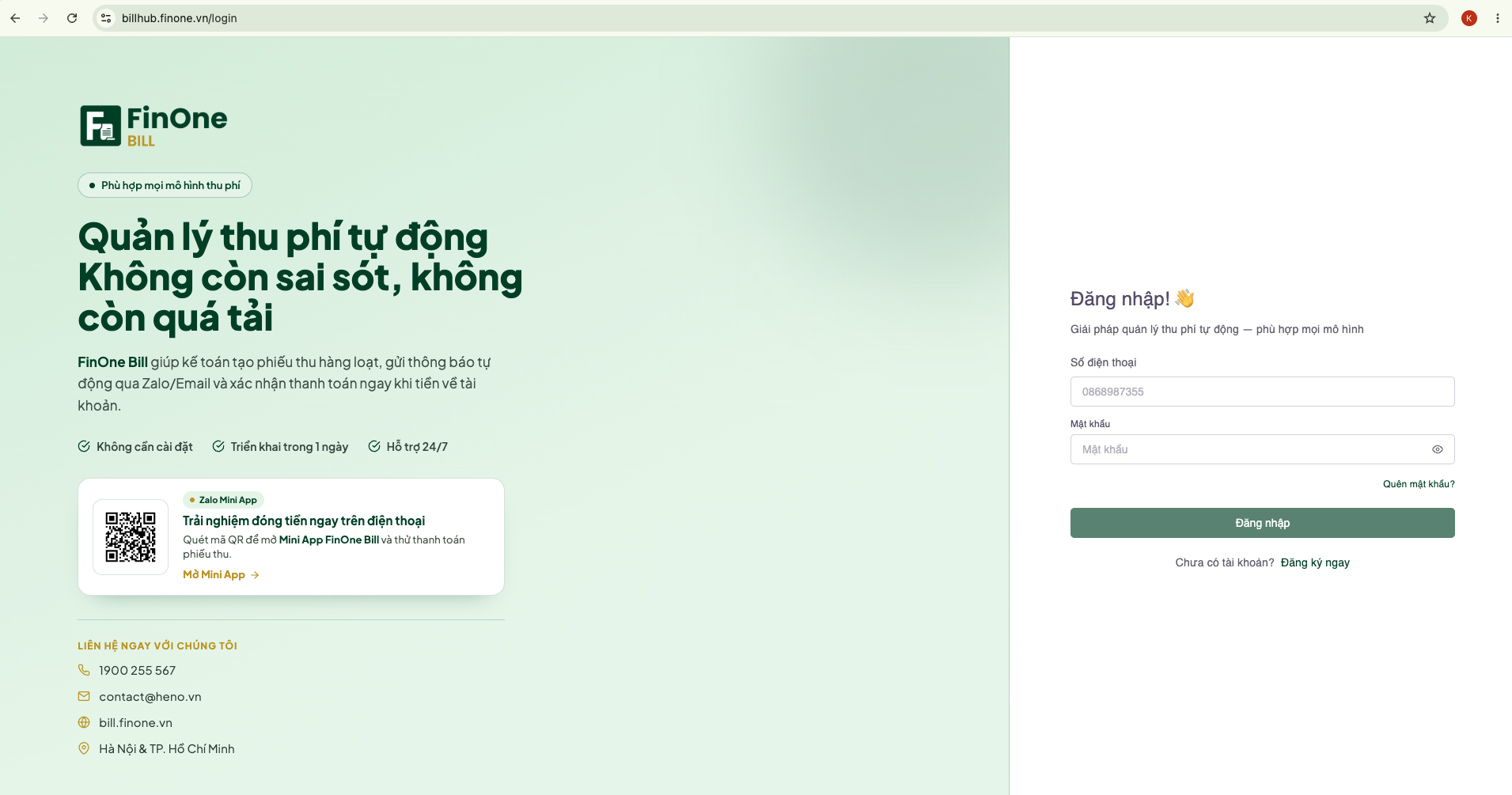 Màn hình đăng nhập FinOne Bill